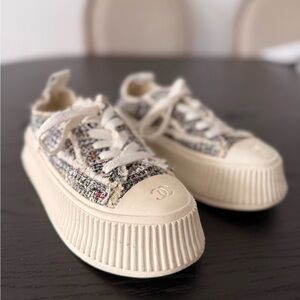 CHANEL  Cream and Multicolor Tweed Sneakers